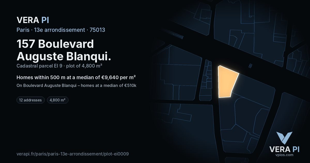 157 Boulevard Auguste Blanqui, 13e arrondissement at night – the plot lit, the parcels around coloured by the prices near them