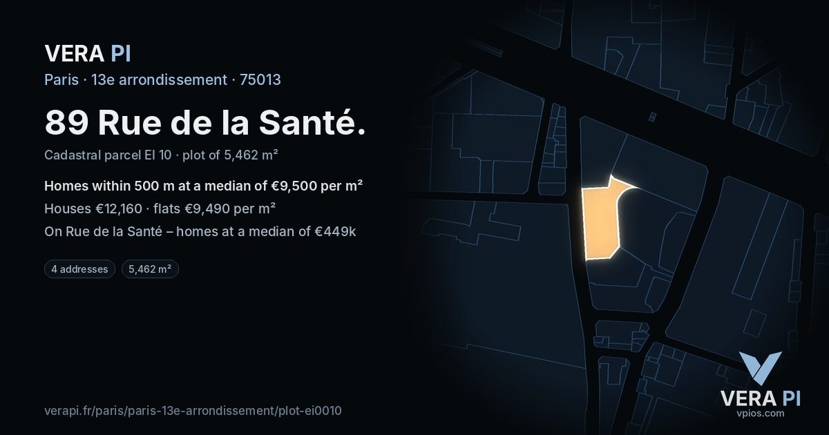 89 Rue de la Santé, 13e arrondissement at night – the plot lit, the parcels around coloured by the prices near them