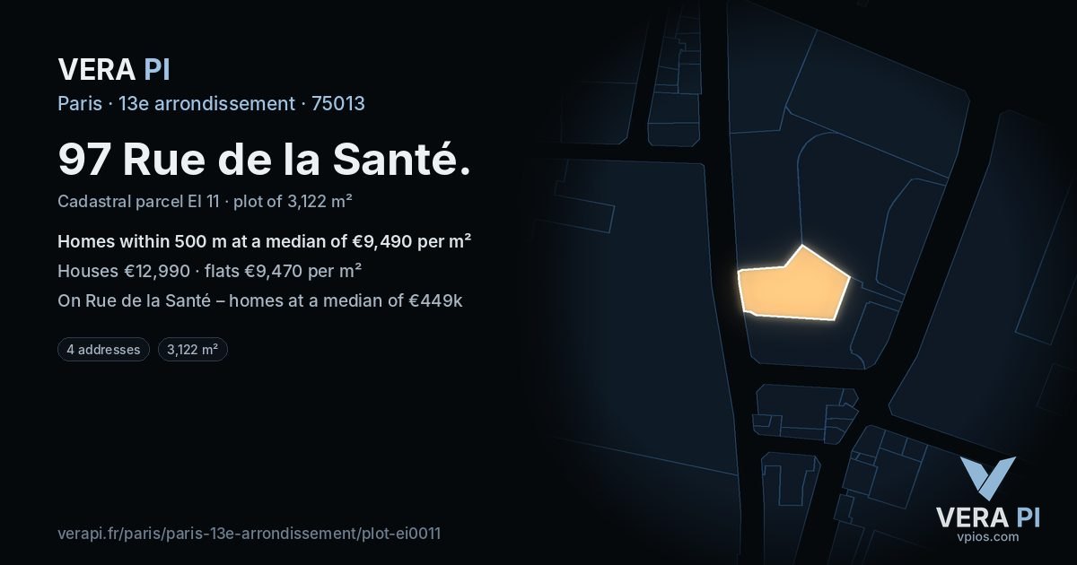 97 Rue de la Santé, 13e arrondissement at night – the plot lit, the parcels around coloured by the prices near them