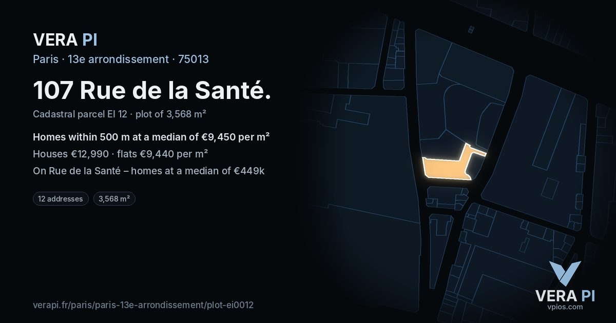 107 Rue de la Santé, 13e arrondissement at night – the plot lit, the parcels around coloured by the prices near them