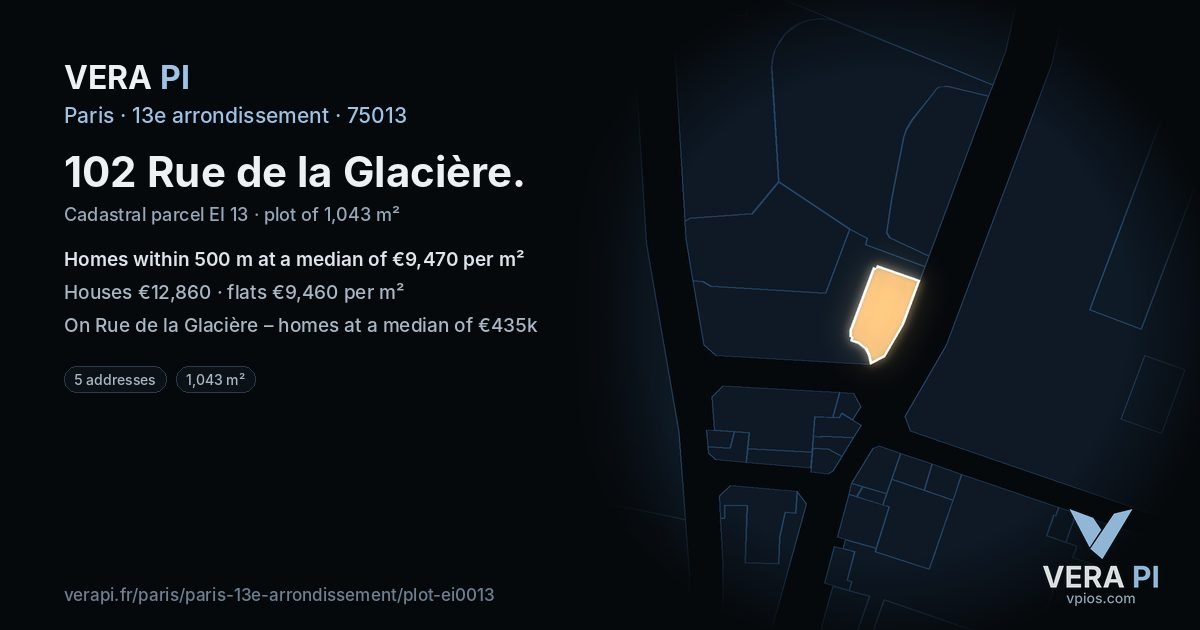 102 Rue de la Glacière, 13e arrondissement at night – the plot lit, the parcels around coloured by the prices near them