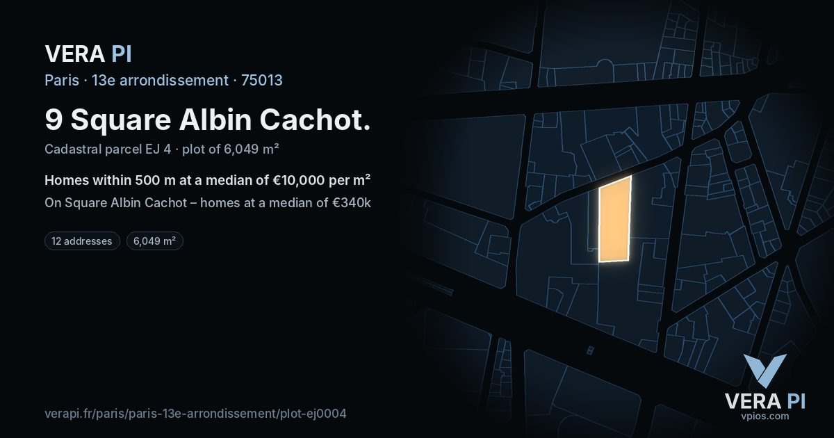 9 Square Albin Cachot, 13e arrondissement at night – the plot lit, the parcels around coloured by the prices near them