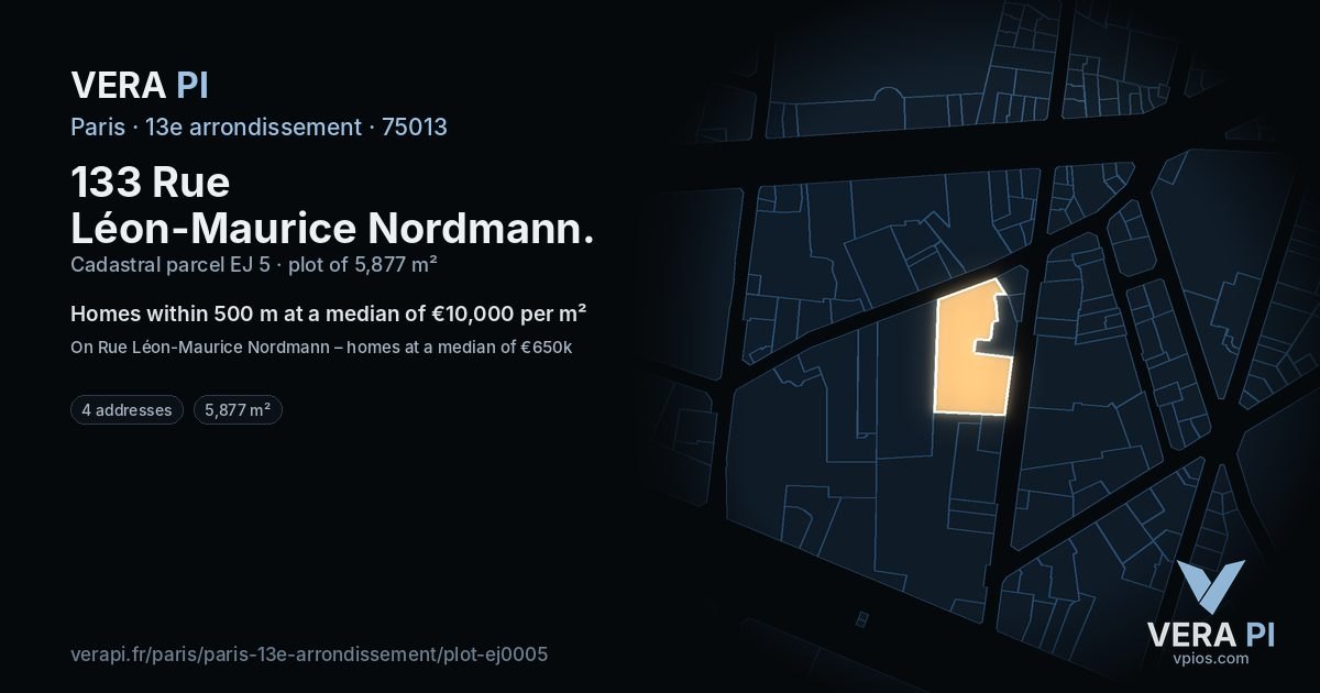 133 Rue Léon-Maurice Nordmann, 13e arrondissement at night – the plot lit, the parcels around coloured by the prices near them
