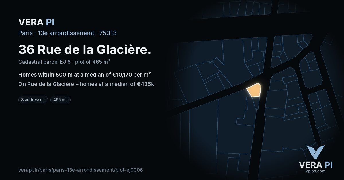 36 Rue de la Glacière, 13e arrondissement at night – the plot lit, the parcels around coloured by the prices near them