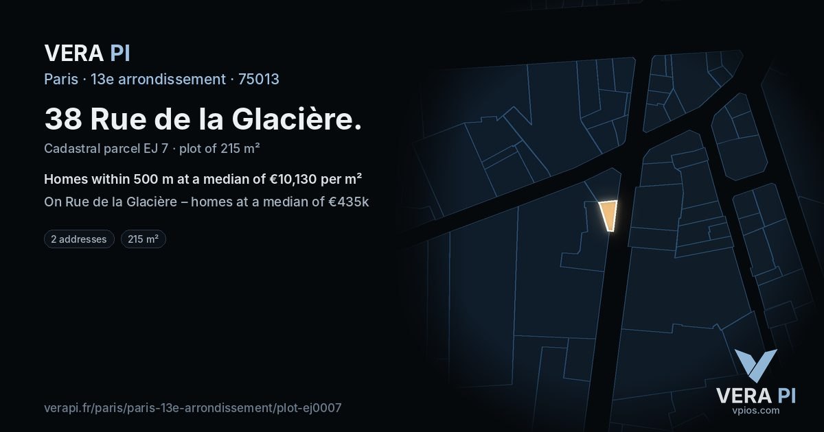 38 Rue de la Glacière, 13e arrondissement at night – the plot lit, the parcels around coloured by the prices near them