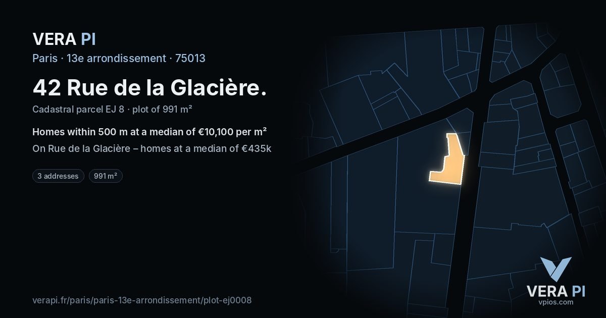 42 Rue de la Glacière, 13e arrondissement at night – the plot lit, the parcels around coloured by the prices near them