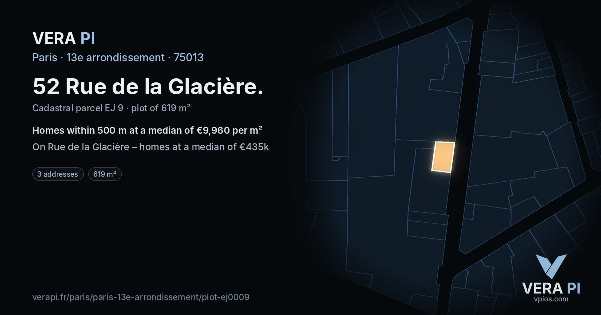 52 Rue de la Glacière, 13e arrondissement at night – the plot lit, the parcels around coloured by the prices near them