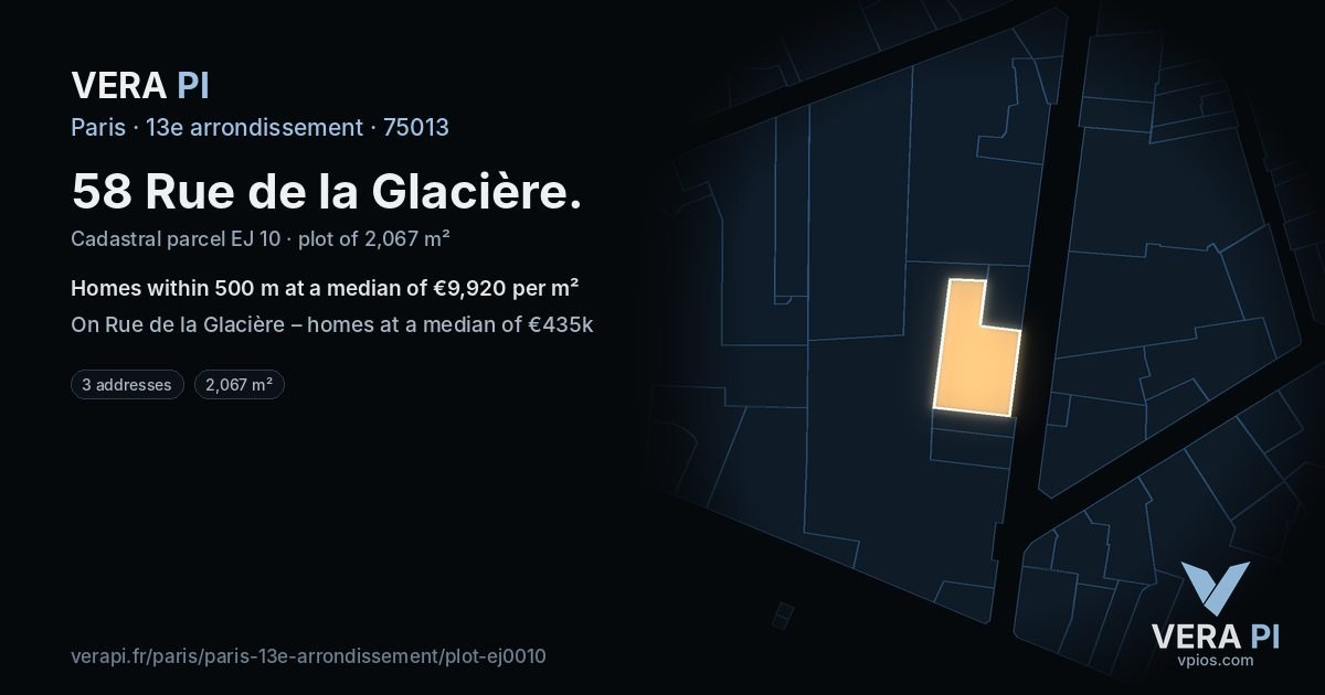 58 Rue de la Glacière, 13e arrondissement at night – the plot lit, the parcels around coloured by the prices near them