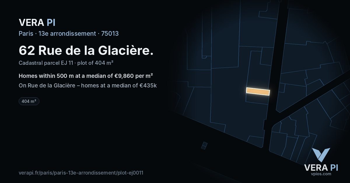 62 Rue de la Glacière, 13e arrondissement at night – the plot lit, the parcels around coloured by the prices near them