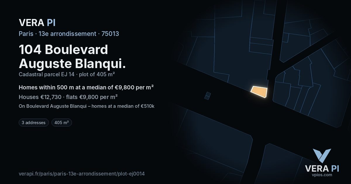 104 Boulevard Auguste Blanqui, 13e arrondissement at night – the plot lit, the parcels around coloured by the prices near them