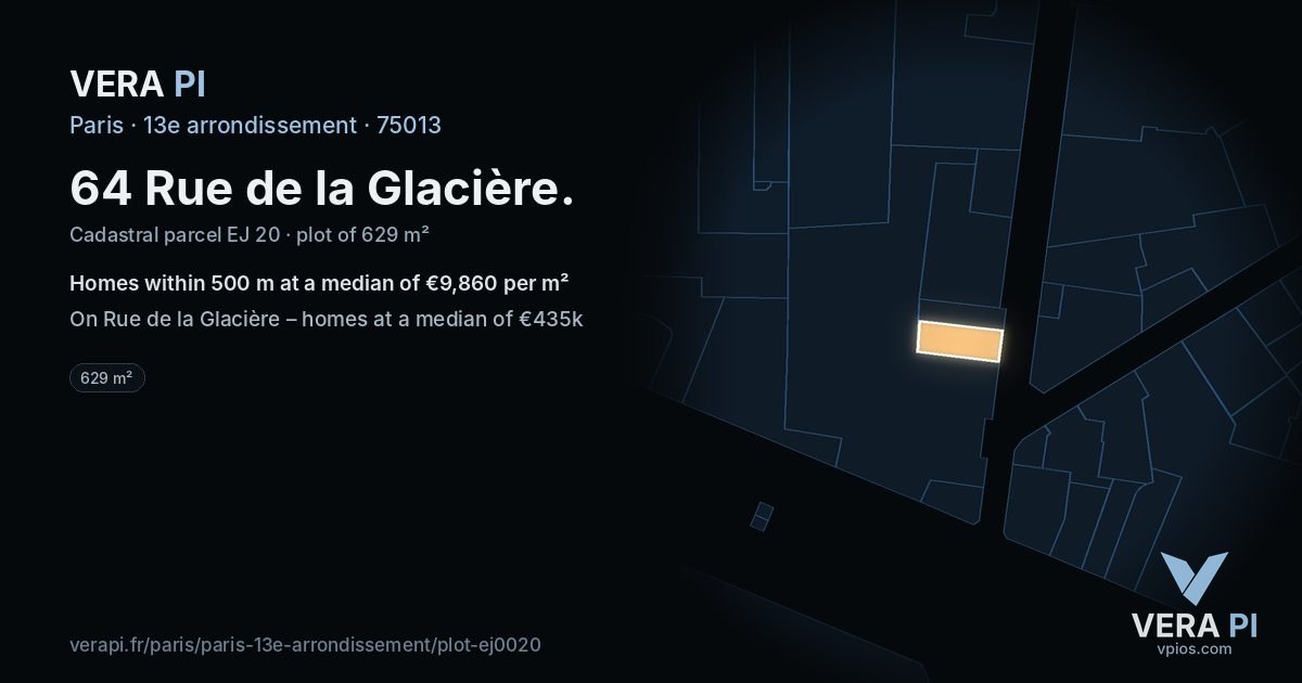 64 Rue de la Glacière, 13e arrondissement at night – the plot lit, the parcels around coloured by the prices near them