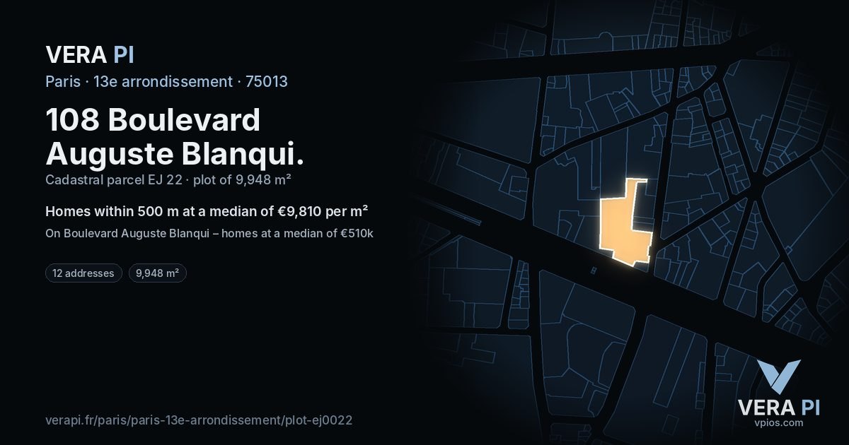 108 Boulevard Auguste Blanqui, 13e arrondissement at night – the plot lit, the parcels around coloured by the prices near them