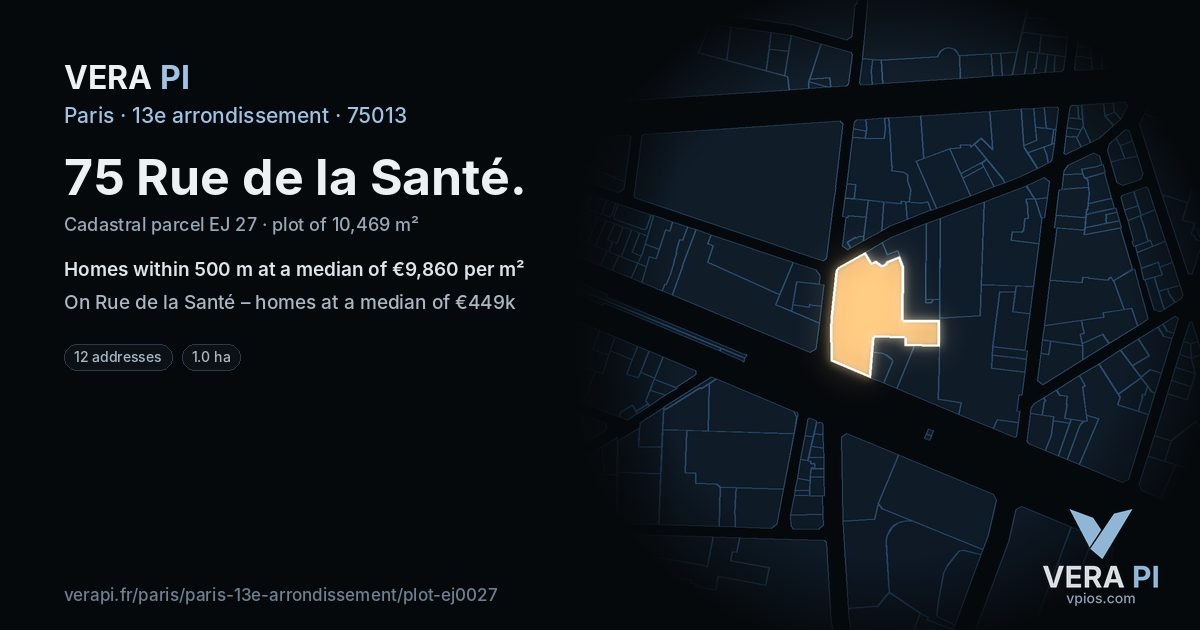 75 Rue de la Santé, 13e arrondissement at night – the plot lit, the parcels around coloured by the prices near them
