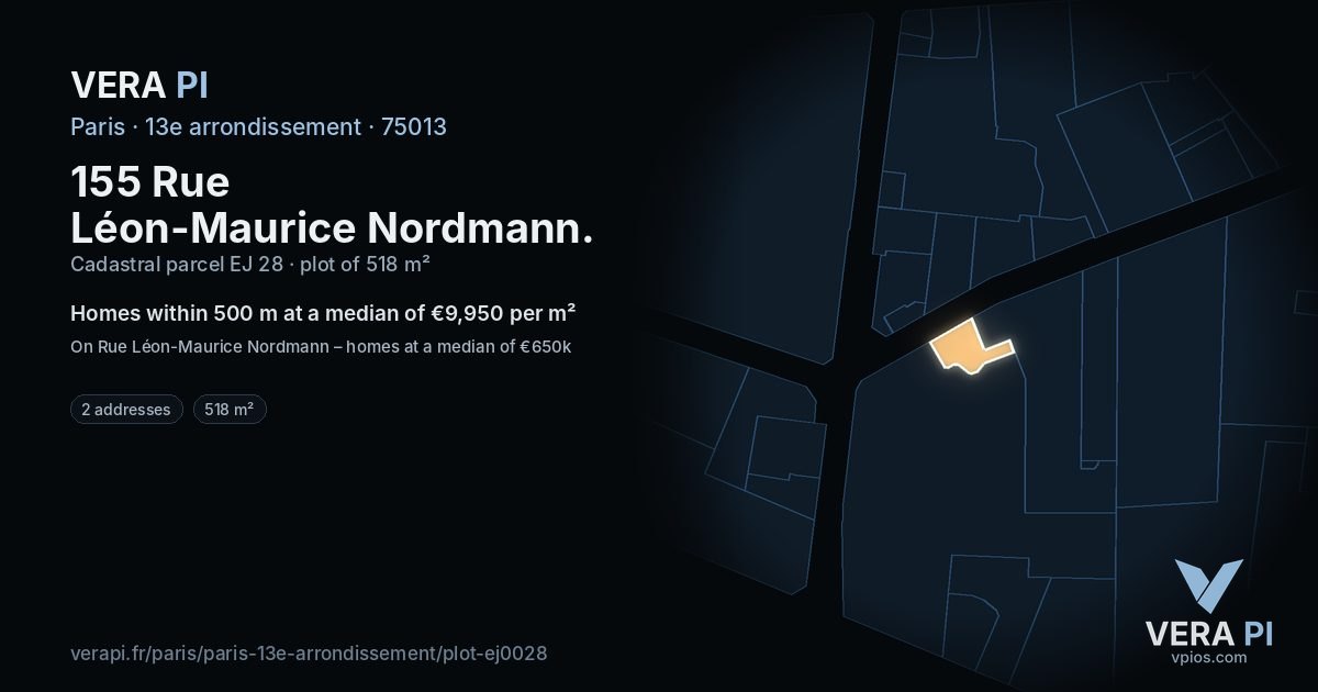 155 Rue Léon-Maurice Nordmann, 13e arrondissement at night – the plot lit, the parcels around coloured by the prices near them