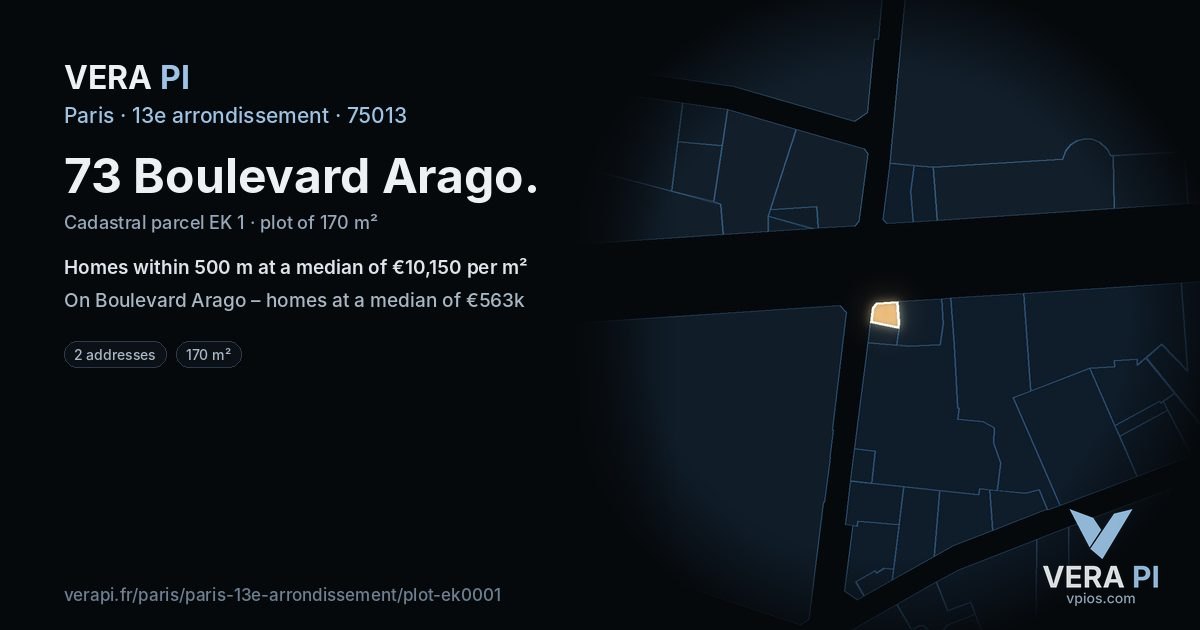 73 Boulevard Arago, 13e arrondissement at night – the plot lit, the parcels around coloured by the prices near them