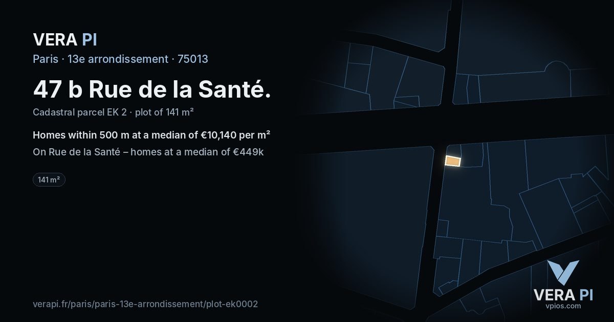 47 b Rue de la Santé, 13e arrondissement at night – the plot lit, the parcels around coloured by the prices near them