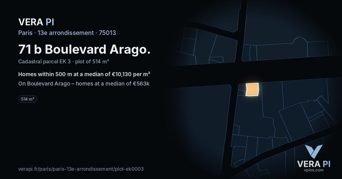 71 b Boulevard Arago, 13e arrondissement at night – the plot lit, the parcels around coloured by the prices near them