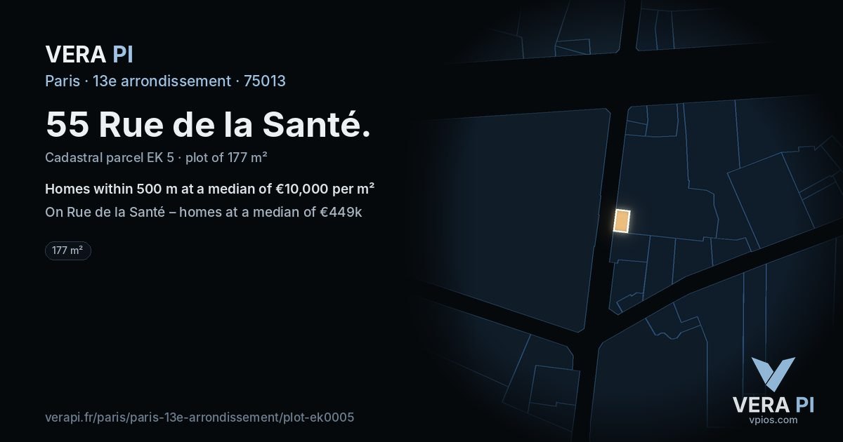 55 Rue de la Santé, 13e arrondissement at night – the plot lit, the parcels around coloured by the prices near them