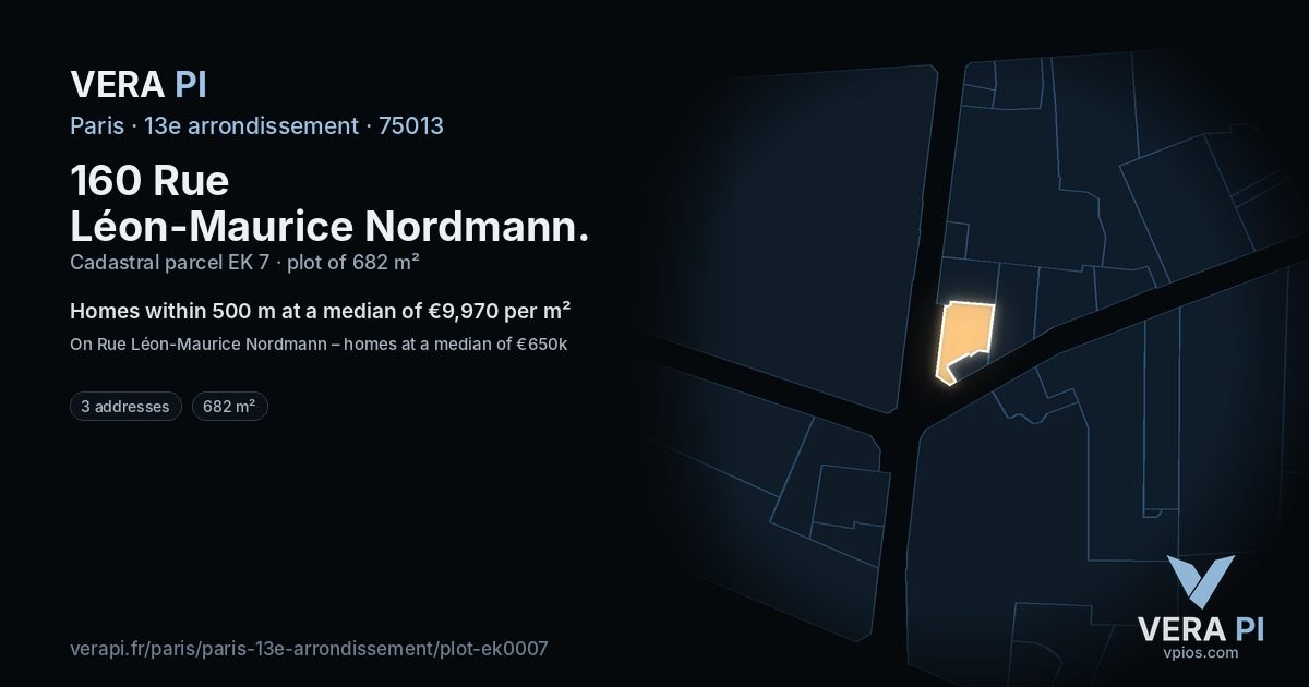 160 Rue Léon-Maurice Nordmann, 13e arrondissement at night – the plot lit, the parcels around coloured by the prices near them