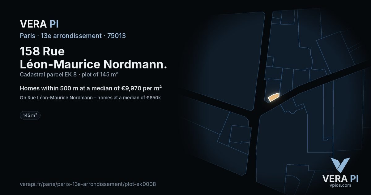 158 Rue Léon-Maurice Nordmann, 13e arrondissement at night – the plot lit, the parcels around coloured by the prices near them