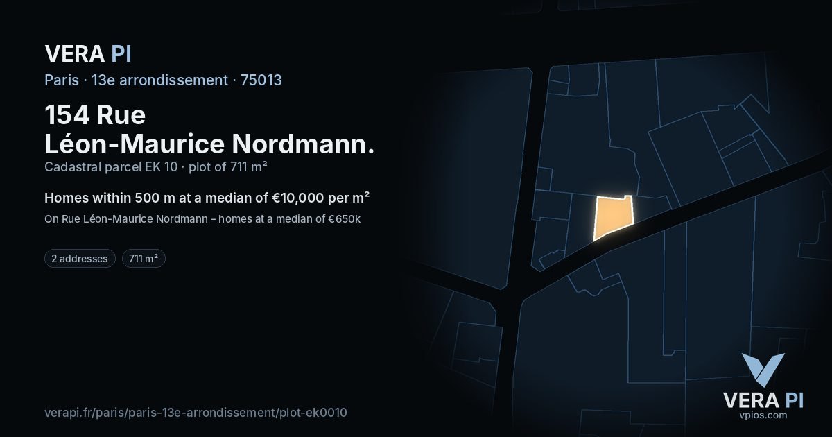 154 Rue Léon-Maurice Nordmann, 13e arrondissement at night – the plot lit, the parcels around coloured by the prices near them