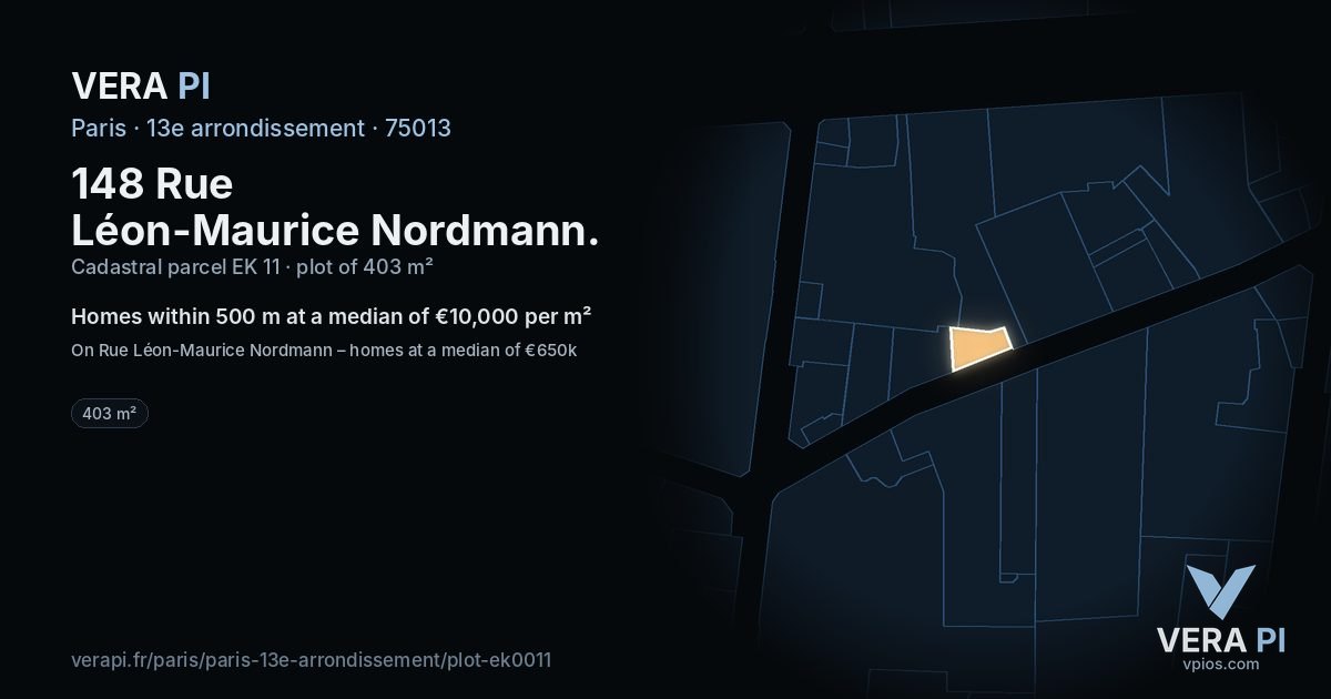 148 Rue Léon-Maurice Nordmann, 13e arrondissement at night – the plot lit, the parcels around coloured by the prices near them