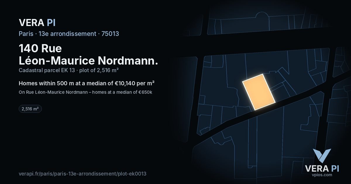 140 Rue Léon-Maurice Nordmann, 13e arrondissement at night – the plot lit, the parcels around coloured by the prices near them