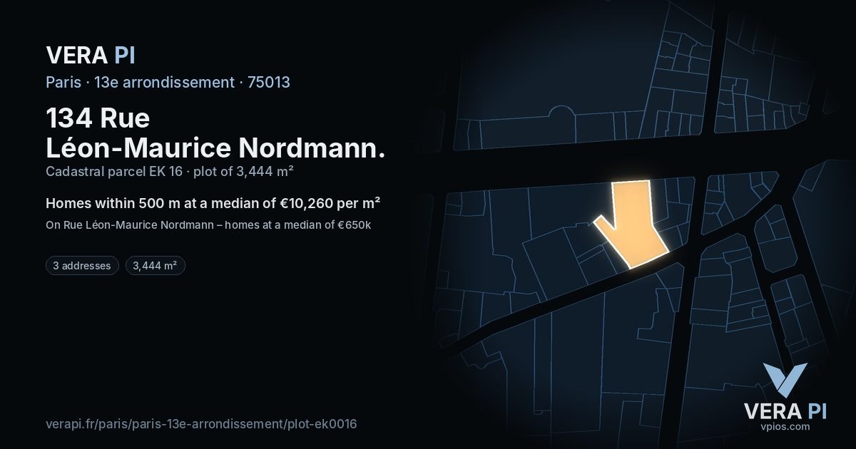 134 Rue Léon-Maurice Nordmann, 13e arrondissement at night – the plot lit, the parcels around coloured by the prices near them