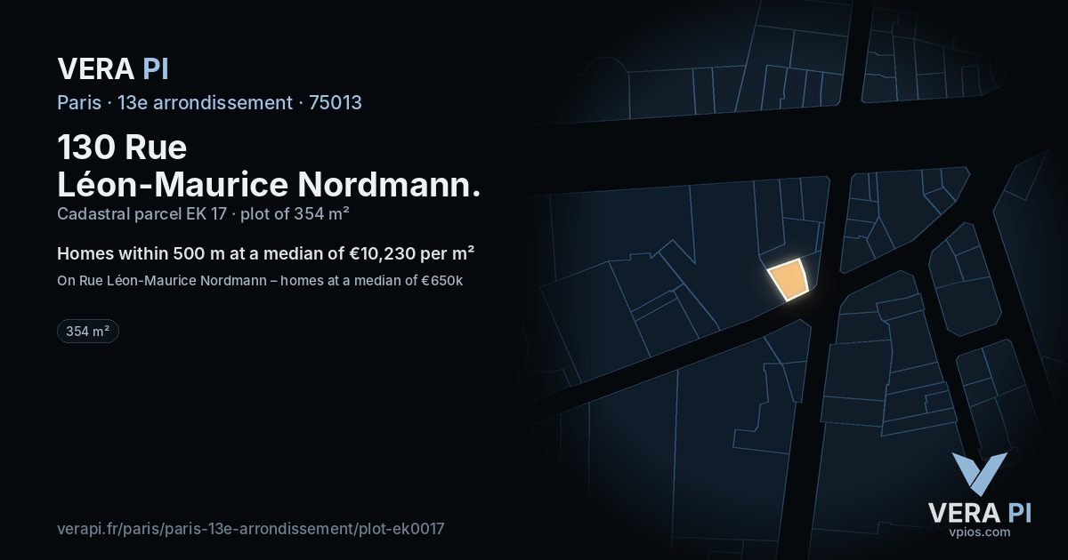 130 Rue Léon-Maurice Nordmann, 13e arrondissement at night – the plot lit, the parcels around coloured by the prices near them