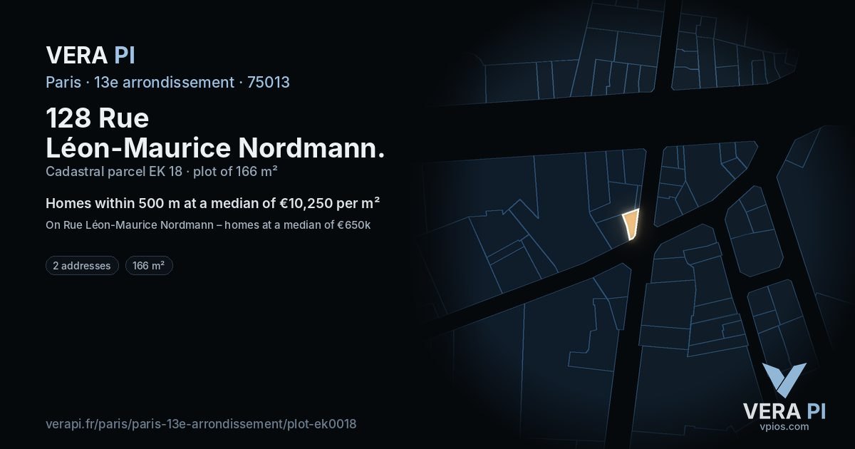 128 Rue Léon-Maurice Nordmann, 13e arrondissement at night – the plot lit, the parcels around coloured by the prices near them