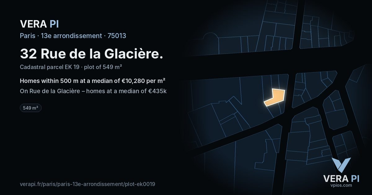 32 Rue de la Glacière, 13e arrondissement at night – the plot lit, the parcels around coloured by the prices near them
