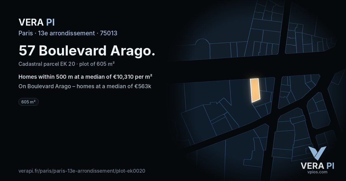 57 Boulevard Arago, 13e arrondissement at night – the plot lit, the parcels around coloured by the prices near them