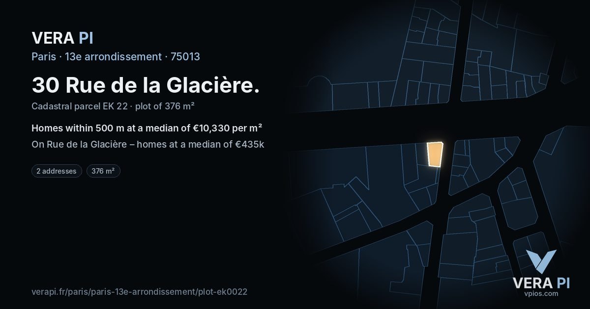 30 Rue de la Glacière, 13e arrondissement at night – the plot lit, the parcels around coloured by the prices near them