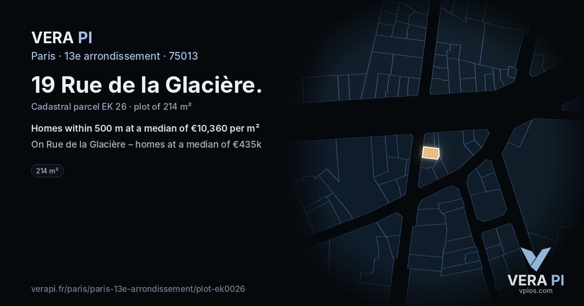 19 Rue de la Glacière, 13e arrondissement at night – the plot lit, the parcels around coloured by the prices near them