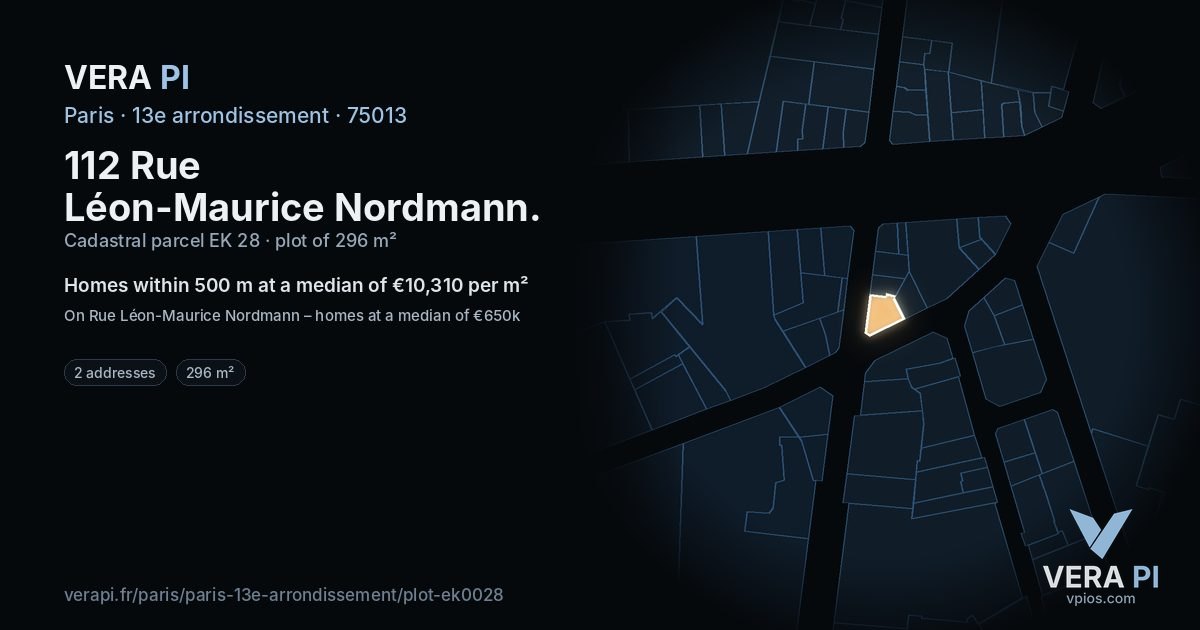112 Rue Léon-Maurice Nordmann, 13e arrondissement at night – the plot lit, the parcels around coloured by the prices near them