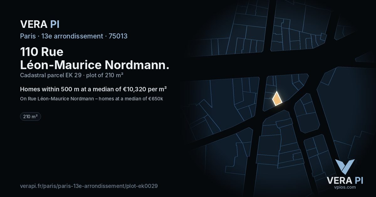 110 Rue Léon-Maurice Nordmann, 13e arrondissement at night – the plot lit, the parcels around coloured by the prices near them