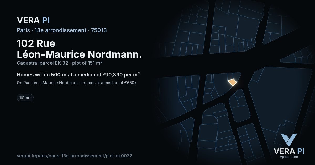 102 Rue Léon-Maurice Nordmann, 13e arrondissement at night – the plot lit, the parcels around coloured by the prices near them