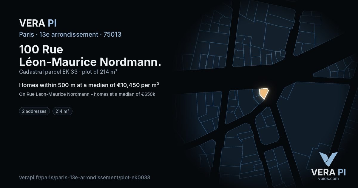100 Rue Léon-Maurice Nordmann, 13e arrondissement at night – the plot lit, the parcels around coloured by the prices near them
