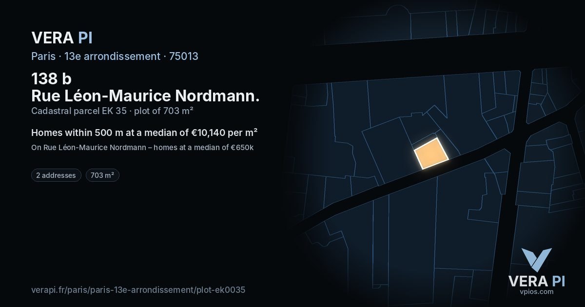 138 b Rue Léon-Maurice Nordmann, 13e arrondissement at night – the plot lit, the parcels around coloured by the prices near them