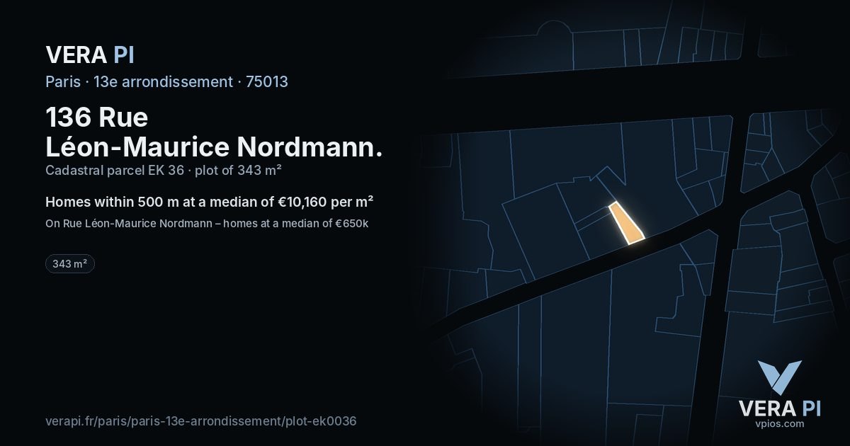 136 Rue Léon-Maurice Nordmann, 13e arrondissement at night – the plot lit, the parcels around coloured by the prices near them