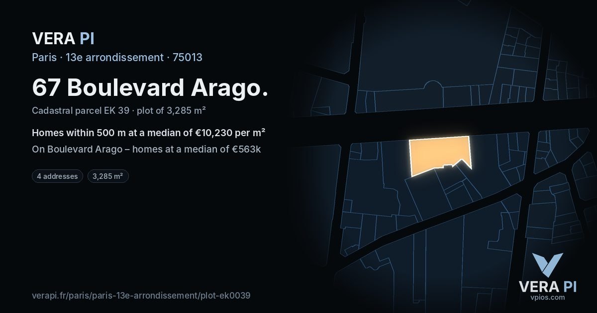 67 Boulevard Arago, 13e arrondissement at night – the plot lit, the parcels around coloured by the prices near them