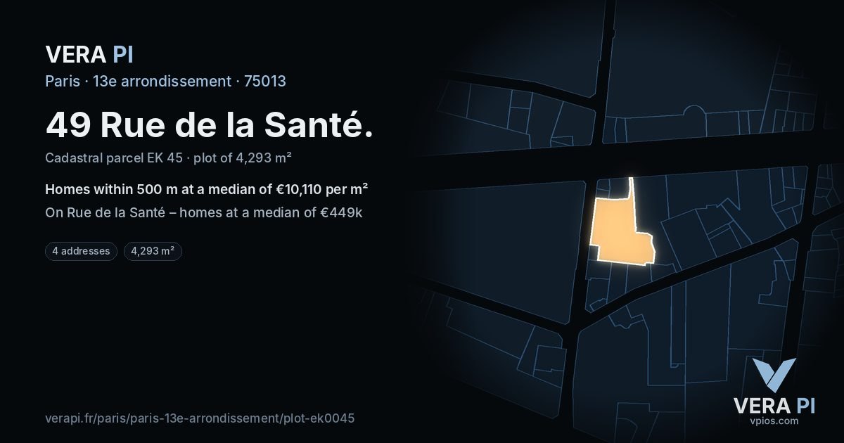 49 Rue de la Santé, 13e arrondissement at night – the plot lit, the parcels around coloured by the prices near them