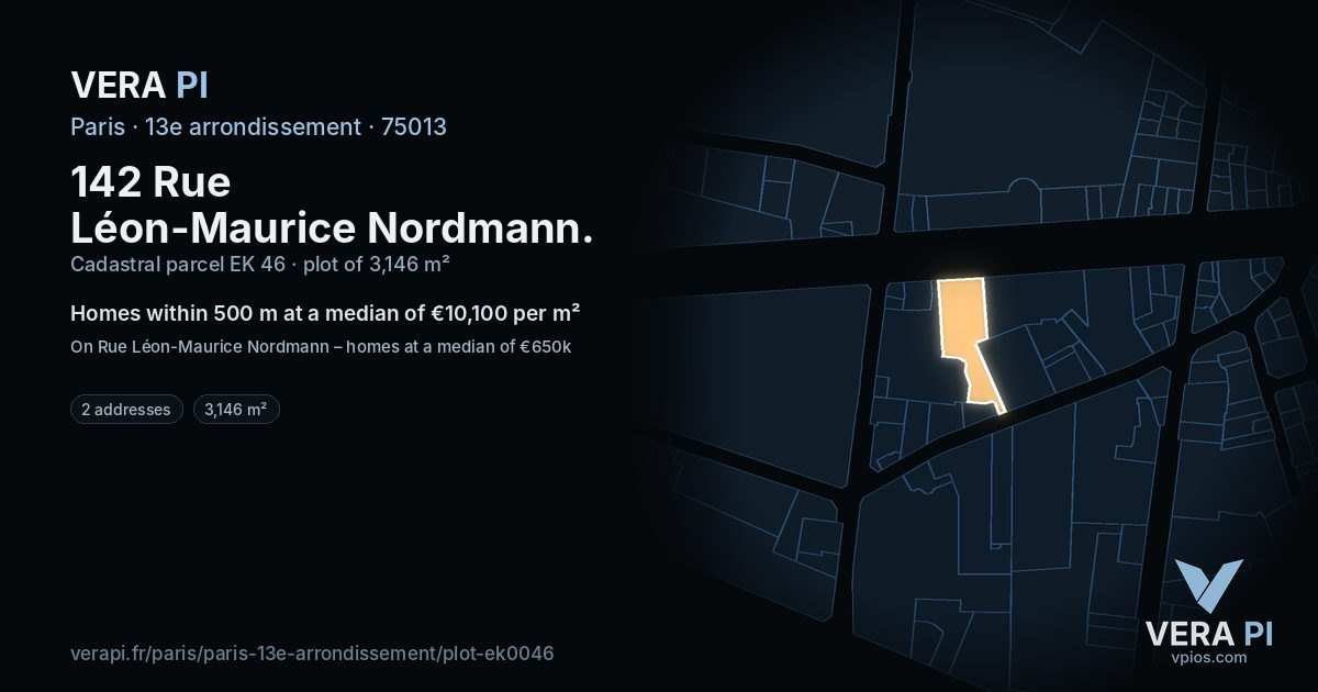 142 Rue Léon-Maurice Nordmann, 13e arrondissement at night – the plot lit, the parcels around coloured by the prices near them