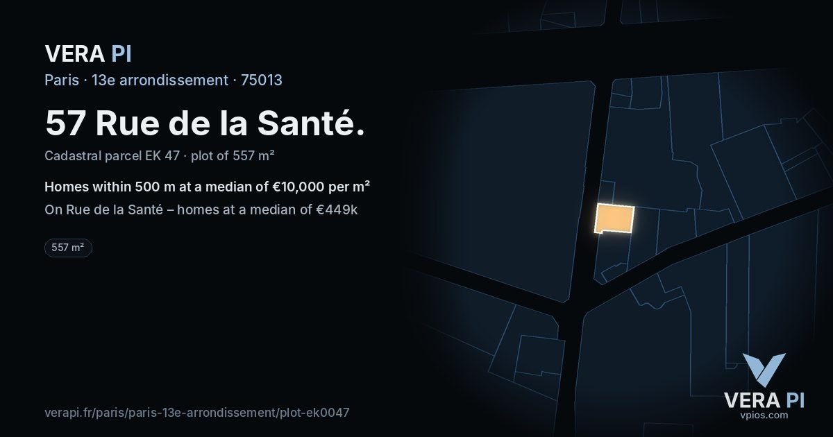 57 Rue de la Santé, 13e arrondissement at night – the plot lit, the parcels around coloured by the prices near them