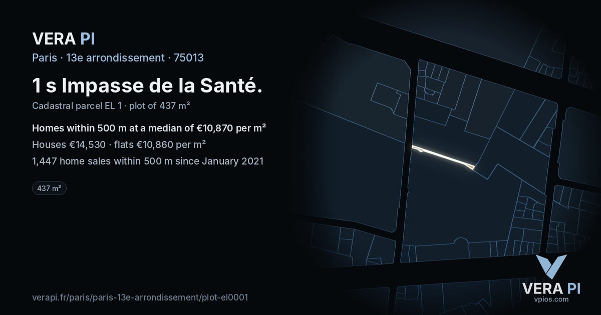 1 s Impasse de la Santé, 13e arrondissement at night – the plot lit, the parcels around coloured by the prices near them