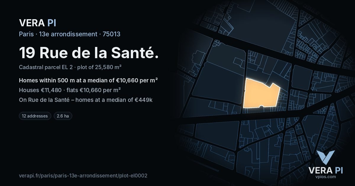 19 Rue de la Santé, 13e arrondissement at night – the plot lit, the parcels around coloured by the prices near them