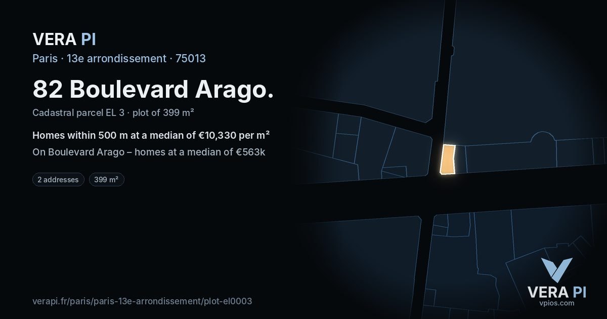 82 Boulevard Arago, 13e arrondissement at night – the plot lit, the parcels around coloured by the prices near them