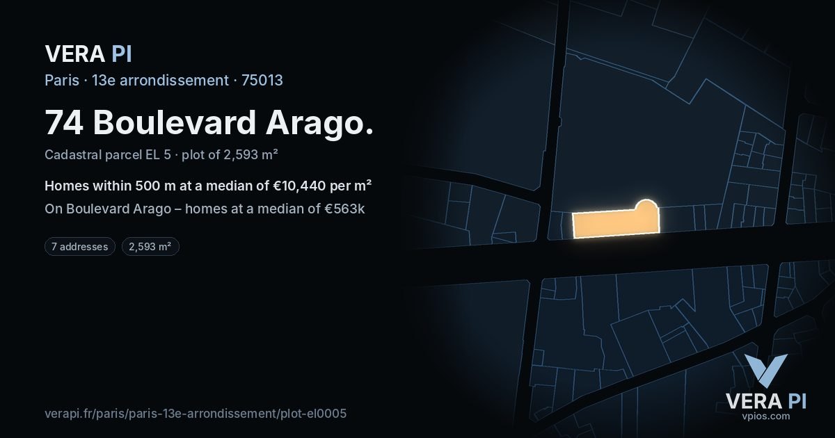 74 Boulevard Arago, 13e arrondissement at night – the plot lit, the parcels around coloured by the prices near them