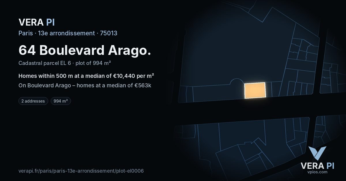 64 Boulevard Arago, 13e arrondissement at night – the plot lit, the parcels around coloured by the prices near them