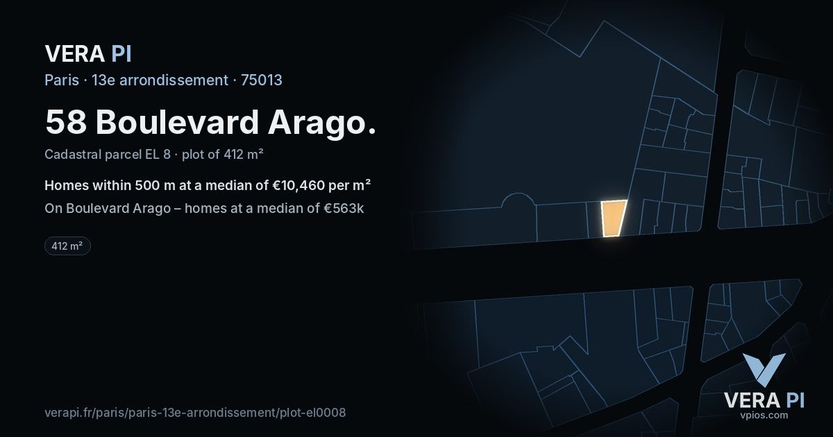 58 Boulevard Arago, 13e arrondissement at night – the plot lit, the parcels around coloured by the prices near them